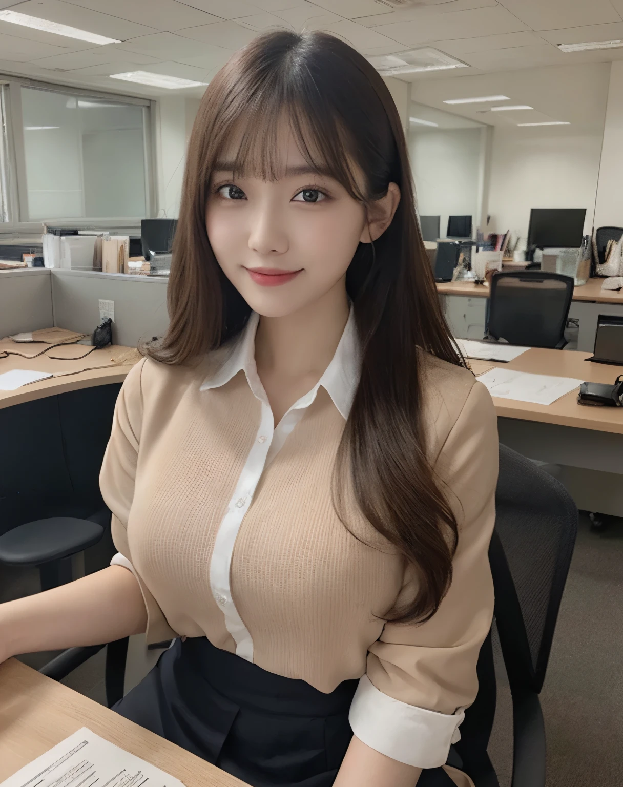 (natural background), masterpiece, Best Quality, Illustration, Ultra-detailed, finely detail, high resolution, 8K Wallpaper, Perfect dynamic composition, Beautiful detailed eyes, Big breasts, Natural Color Lip, posing randomly, Smile, ((office)), 20 years girl, full body shot, long hair, ((working office uniform)), (darker), looking in front, sitting on the chair
