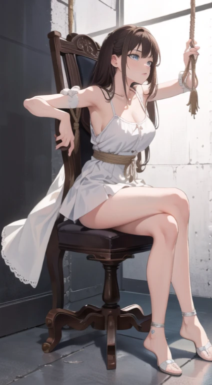 ((masterpiece)), ((best quality)), (ultra-detailed), NSFW, underground,a cute girl, 1girl, solo, (white camisole dress),(rope bound arms), ((tied to an torture chair)), BDSM,shibari,restrained,((thin waist)),(((Torture that tightens the waist with a rope))),beautiful  brown hair, beautiful blue eyes, (beautiful eyes), long hair,troubled expression