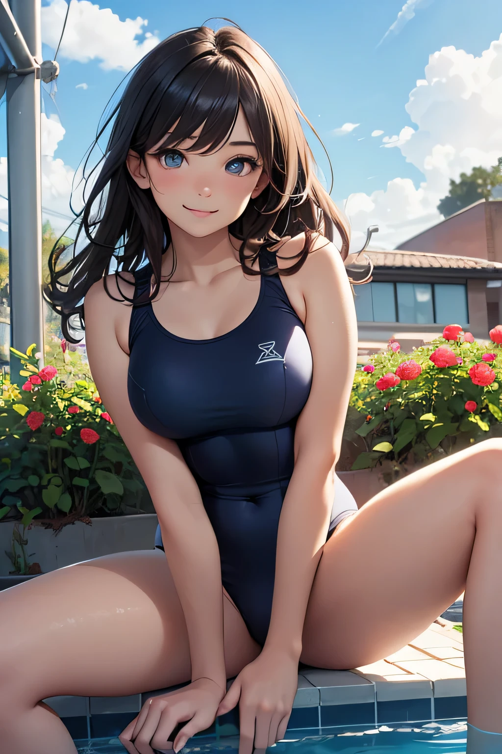 Very cute and beautiful girl,Teen,(very detailed beautiful face and eyes:1.2),Blue school swimsuit,
Sitting,Spread legs,Looking at Viewer,Pool side,Colorful flowers,distant school building,Smile,Black hair,Dynamic Angle,
(Best Quality,masutepiece:1.2),hight resolution,Extremely detailed,Solo,
Hair fluttering in the wind,Beautiful detailed sky,(Realistic),Perfect hands,