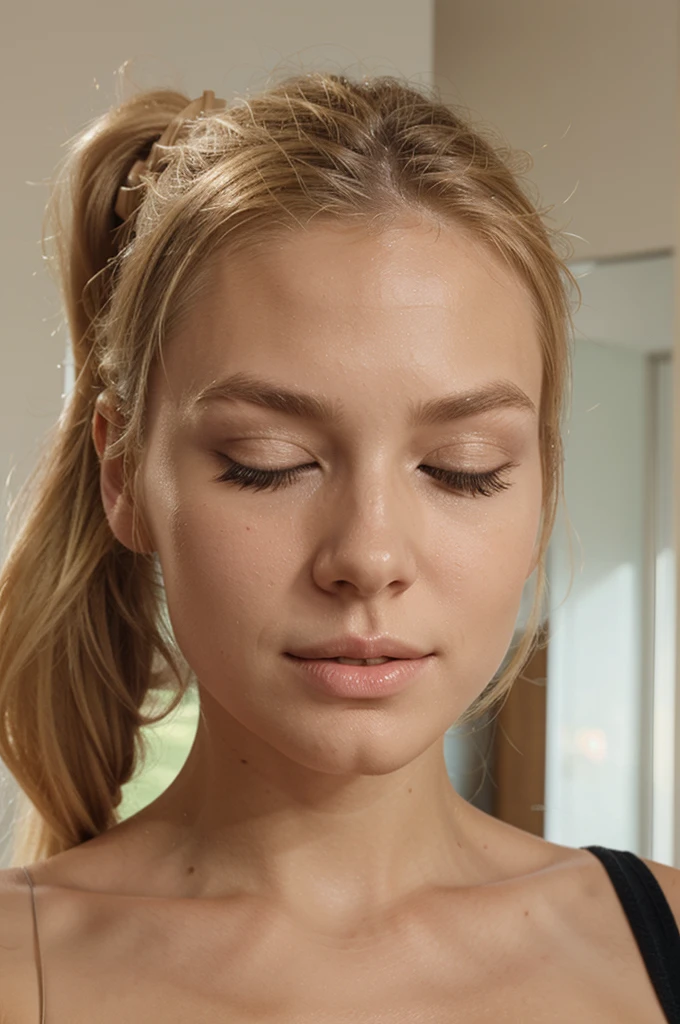 blonde perfect face selfie with hair ponytail closing eyes and strieght to the camera