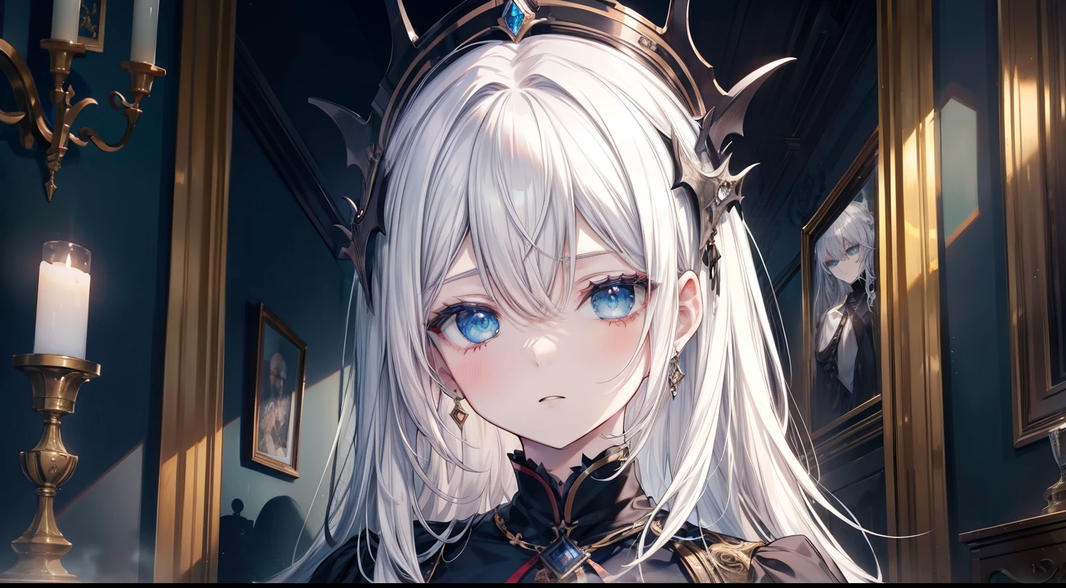 (masutepiece, Best Quality), Intricate details, 8K, Sharp focus quality) (Detailed skin:1.3) (Intricate details) (8K) (Detailed eyes) (Anime) Man's character, Soft hair, Long hair, (White hair), Light blue eyes,light green eyes、 Man's, Anime Man's, frontage, 素敵なMan's子, Perfect face, Detailed eyes, Bold background, Detailed accessories, Unique costumes, Sharp eyes, Man's, A young man, Idol, dark color, pale skin, Vampire, tusk, Defined features, Model, Gothic, Symbolism, Comfortable clothing, Dark room, Cluttered room, Indoors, Detailed background, Bold colors, bold outline, Sharp face, Nighttime, Night, Pose, Handsome, sleepy, Tired, drooing eyes