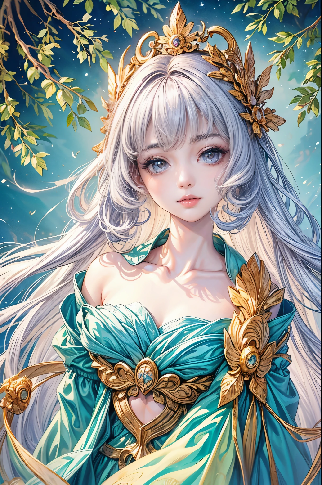 (best quality,8K,CG),detailed upper body,solitary girl,floral forest background,complex facial features,elegant long curly hair,almond-shaped big eyes,detailed eye makeup,long eyelashes,twinkling stars,exquisite lip details,soft and harmonious style.