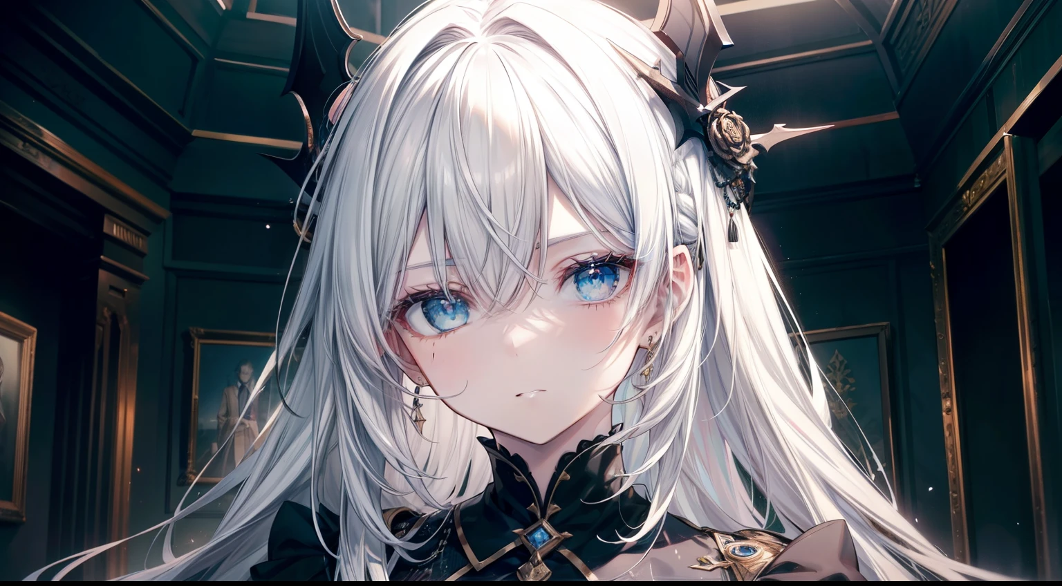 (masutepiece, Best Quality), Intricate details, 8K, Sharp focus quality) (Detailed skin:1.3) (Intricate details) (8K) (Detailed eyes) (Anime) Man's character, Soft hair, Long hair, (White hair), Light blue eyes,light green eyes、 Man's, Anime Man's, frontage, 素敵なMan's子, Perfect face, Detailed eyes, Bold background, Detailed accessories, Unique costumes, Sharp eyes, Man's, A young man, Idol, dark color, pale skin, Vampire, tusk, Defined features, Model, Gothic, Symbolism, Comfortable clothing, Dark room, Cluttered room, Indoors, Detailed background, Bold colors, bold outline, Sharp face, Nighttime, Night, Pose, Handsome, sleepy, Tired, drooing eyes