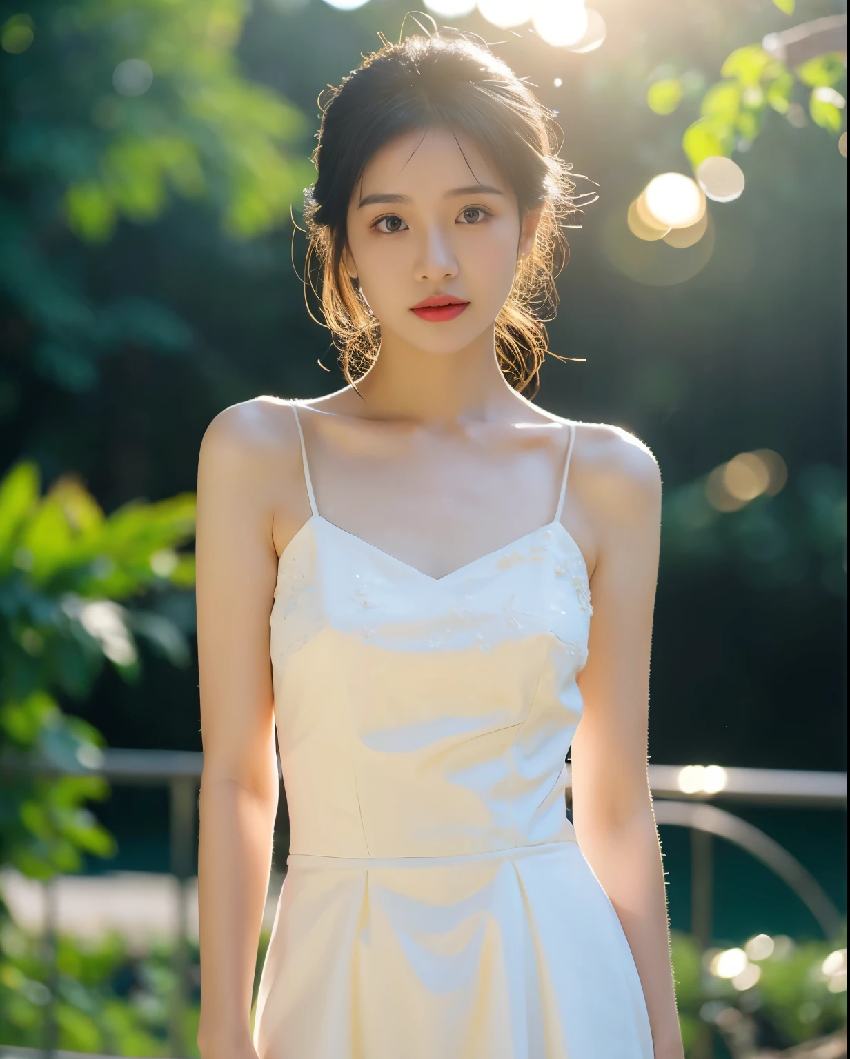 (sweat:0.7),Light yellow wedding dress,white short skirt,woman,vietnamese ,exquisite face, beautiful face,bare shoulders,shoulders slightly exposed,translucent skin,black eyes,black hair,(photorealistic:1.4),realistic details, high resolution,bokeh,outstanding details