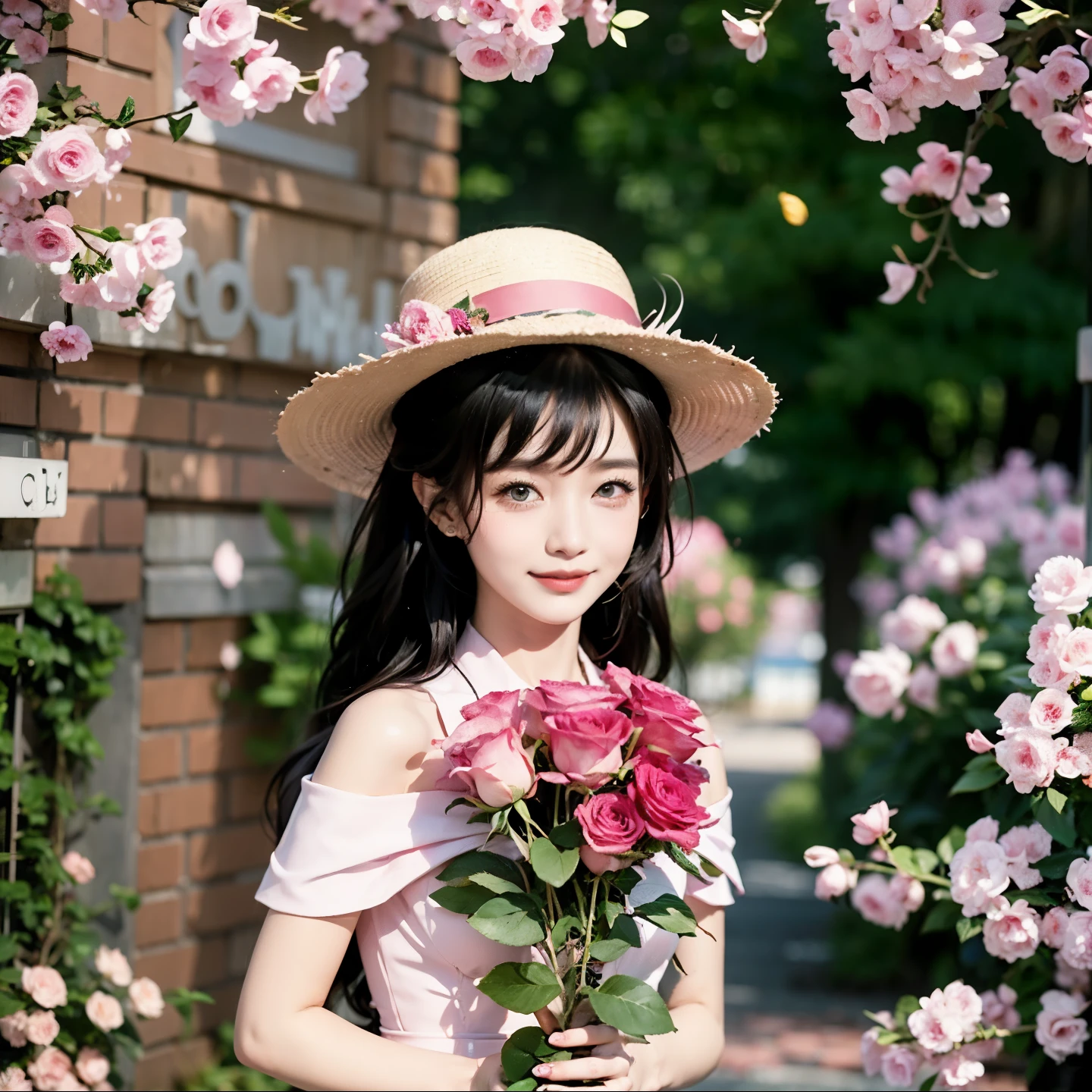 Korea girl in a hat holding a 3 pieces of pink rose flowers, pink dress, black hair with a bangs and hat, blue eyes, pointed nose, red lips with a big smile, realistic ultra details, high quality face