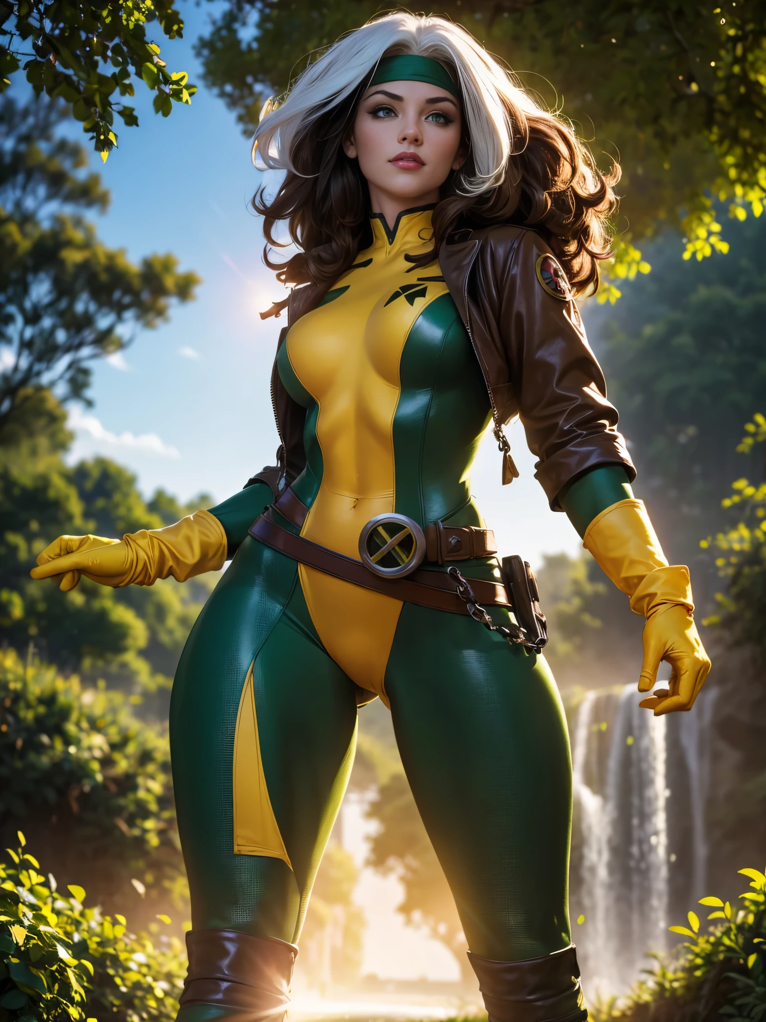 (masterpiece:1.0), (best_quality:1.2), Classic Rogue, 1991 Rogue X-Men, 1 girl, Only, full body view, medium length hair, brown hair, wavy hair, messy hair, one lock of white hair, headband, green eyes, mischievous look, smirking, parted lips, curvy figure, medium breasts, lipstick, makeup, jacket, gloves, belt, yellow gloves, green bodysuit, multicolored bodysuit, skin tight, open jacket, headband, multicolored clothes, Looking at the Viewer, hand on hip, proud stance, sunlight, sunrays, light source from the side, (realism: 1.5), (Realistic: 1.4), (Absurdity:1.4), 8k, ultra-detailed, Detailed Beautiful Woman, (only:1.4), 1girl, background of natural area, waterfall, willow trees, official art, extremely detailed CG unity 8k wallpaper, perfect lighting, Colorful, ultra high res, photography, 8K, HDR, Kodak portra 400, film grain, blurry background, (bokeh:1.2), lens flare, (vibrant_color:1.2), professional photograph