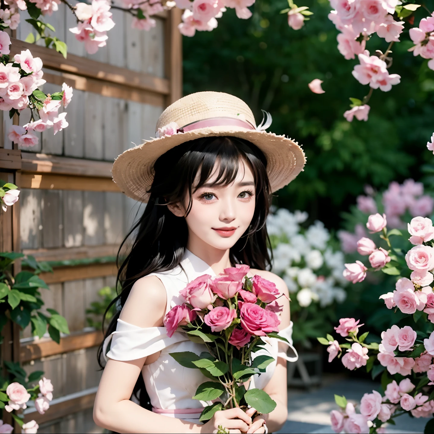 Korea girl in a hat holding a 3 pieces of pink rose flowers, pink dress, black hair with a bangs and hat, blue eyes, pointed nose, red lips with a big smile, realistic ultra details, high quality face