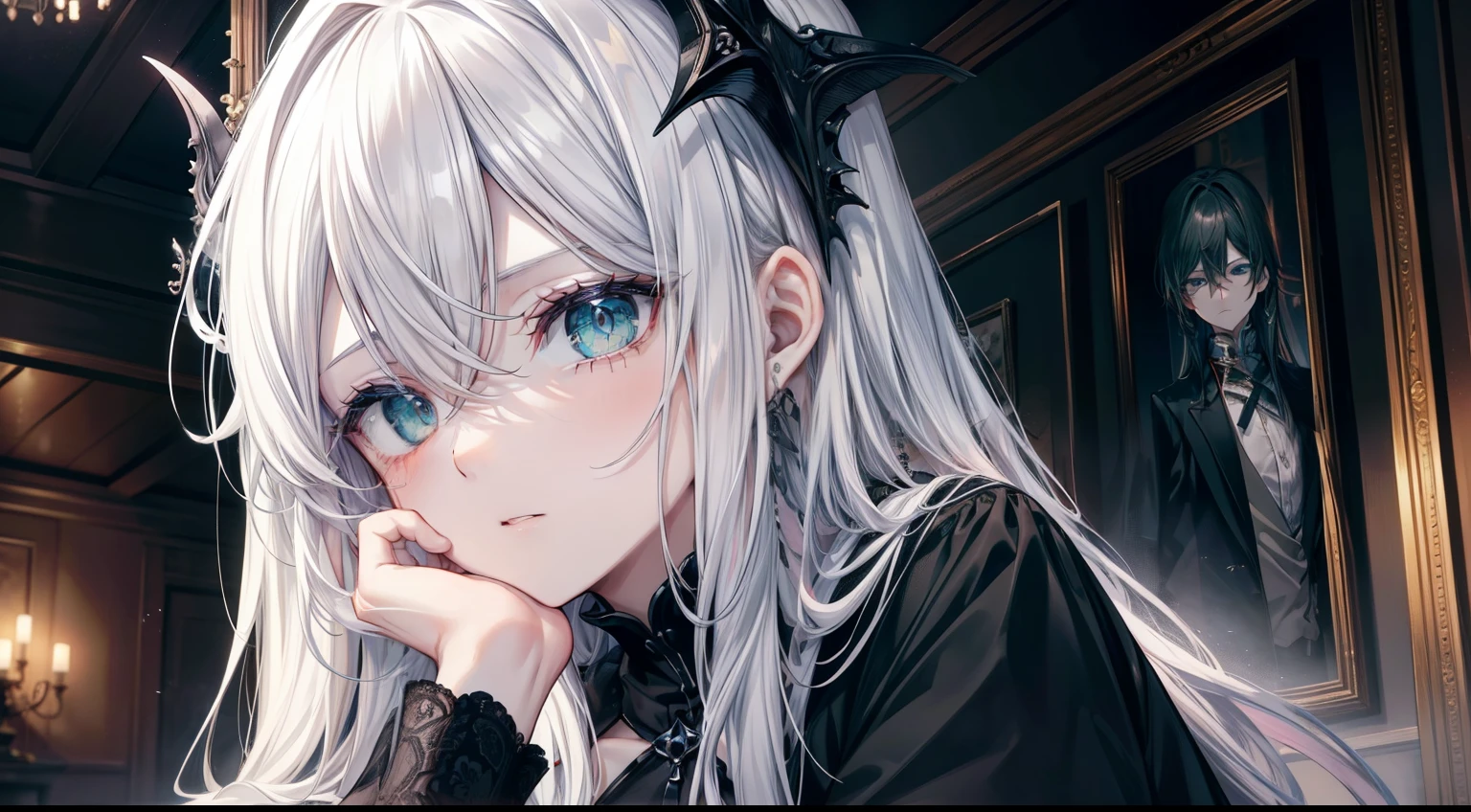 (masutepiece, Best Quality), Intricate details, 8K, Sharp focus quality) (Detailed skin:1.3) (Intricate details) (8K) (Detailed eyes) (Anime) Man's character, Soft hair, Long hair, (White hair), Light green eyes,、 Man's, Anime Man's, frontage, 素敵なMan's子, Perfect face, Detailed eyes, Bold background, Detailed accessories, Unique costumes, Sharp eyes, Man's, A young man, Idol, dark color, pale skin, Vampire, tusk, Defined features, Model, Gothic, Symbolism, Comfortable clothing, Dark room, Cluttered room, Indoors, Detailed background, Bold colors, bold outline, Sharp face, Nighttime, Night, Pose, Handsome, sleepy, Tired, drooing eyes