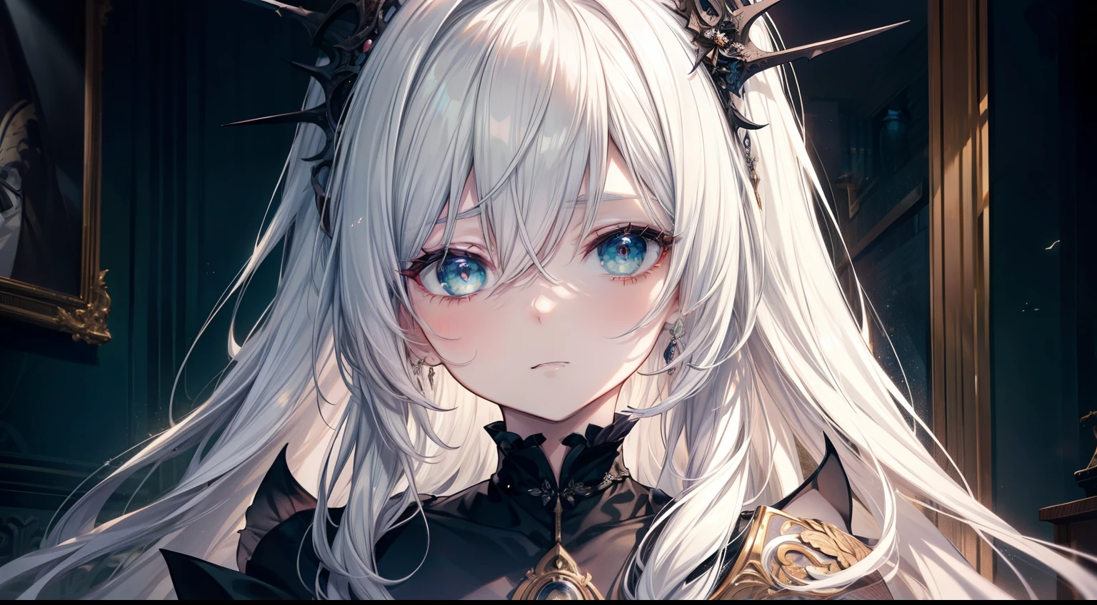 (masutepiece, Best Quality), Intricate details, 8K, Sharp focus quality) (Detailed skin:1.3) (Intricate details) (8K) (Detailed eyes) (Anime) Man's character, Soft hair, Long hair, (White hair), Light green eyes,、 Man's, Anime Man's, frontage, 素敵なMan's子, Perfect face, Detailed eyes, Bold background, Detailed accessories, Unique costumes, Sharp eyes, Man's, A young man, Idol, dark color, pale skin, Vampire, tusk, Defined features, Model, Gothic, Symbolism, Comfortable clothing, Dark room, Cluttered room, Indoors, Detailed background, Bold colors, bold outline, Sharp face, Nighttime, Night, Pose, Handsome, sleepy, Tired, drooing eyes