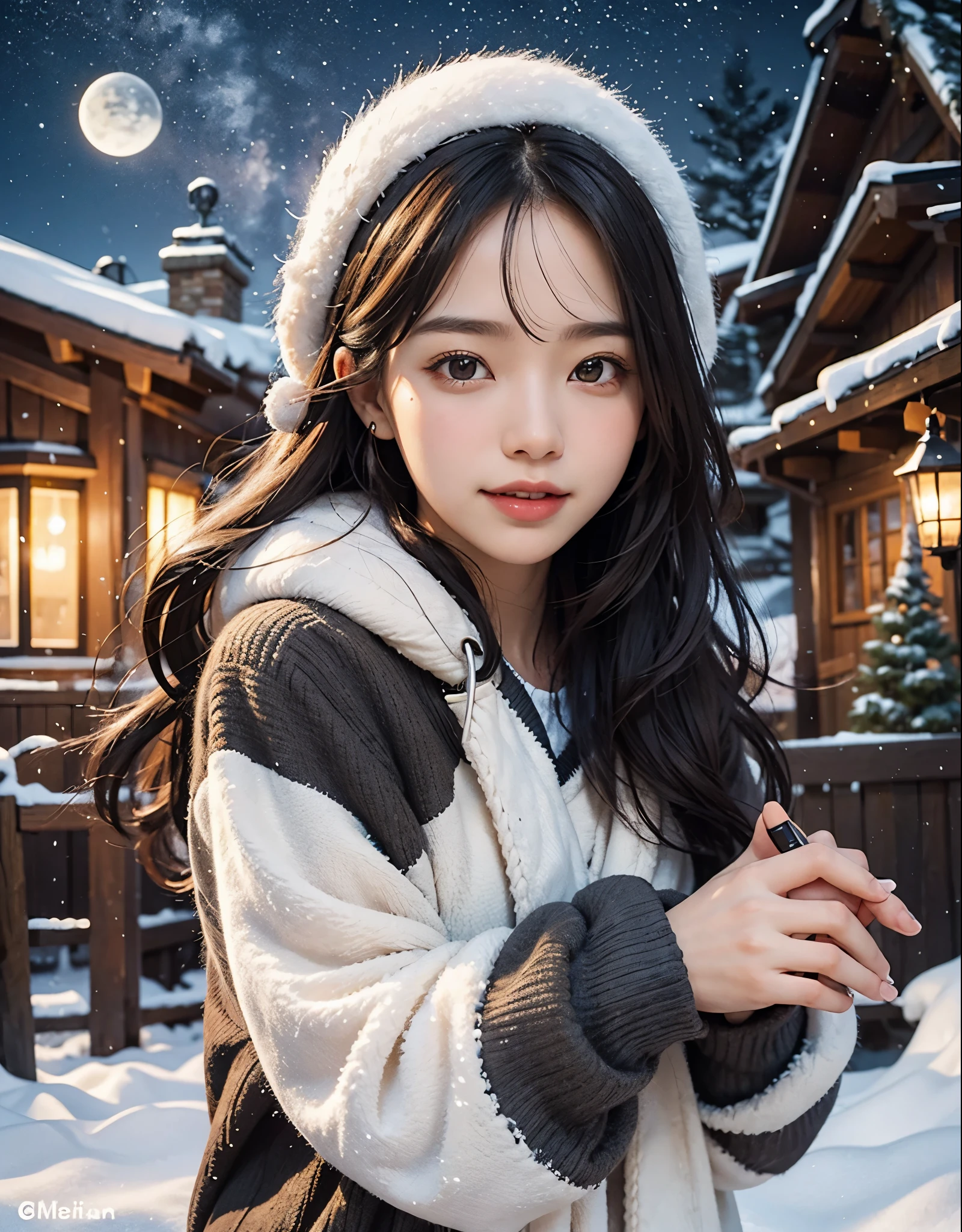 Winter scenery、1 female、snow falling steadily、I&#39;m standing cold in front of his house.、A detailed face、Detailed figure、8k、Pretty Woman、Evening view、Christmas Eve Night、smiling、