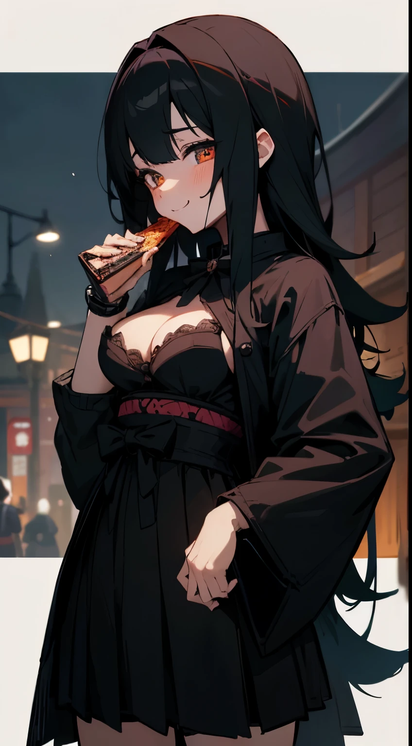 Anime style, better quality possible, they are friends, 3 young japan women, gothic style, eating pizza and drinking soda at night, heavy metal gothic costume, they use black bra and skirt black, they are walking in streets, smile, talking, add moon and owl