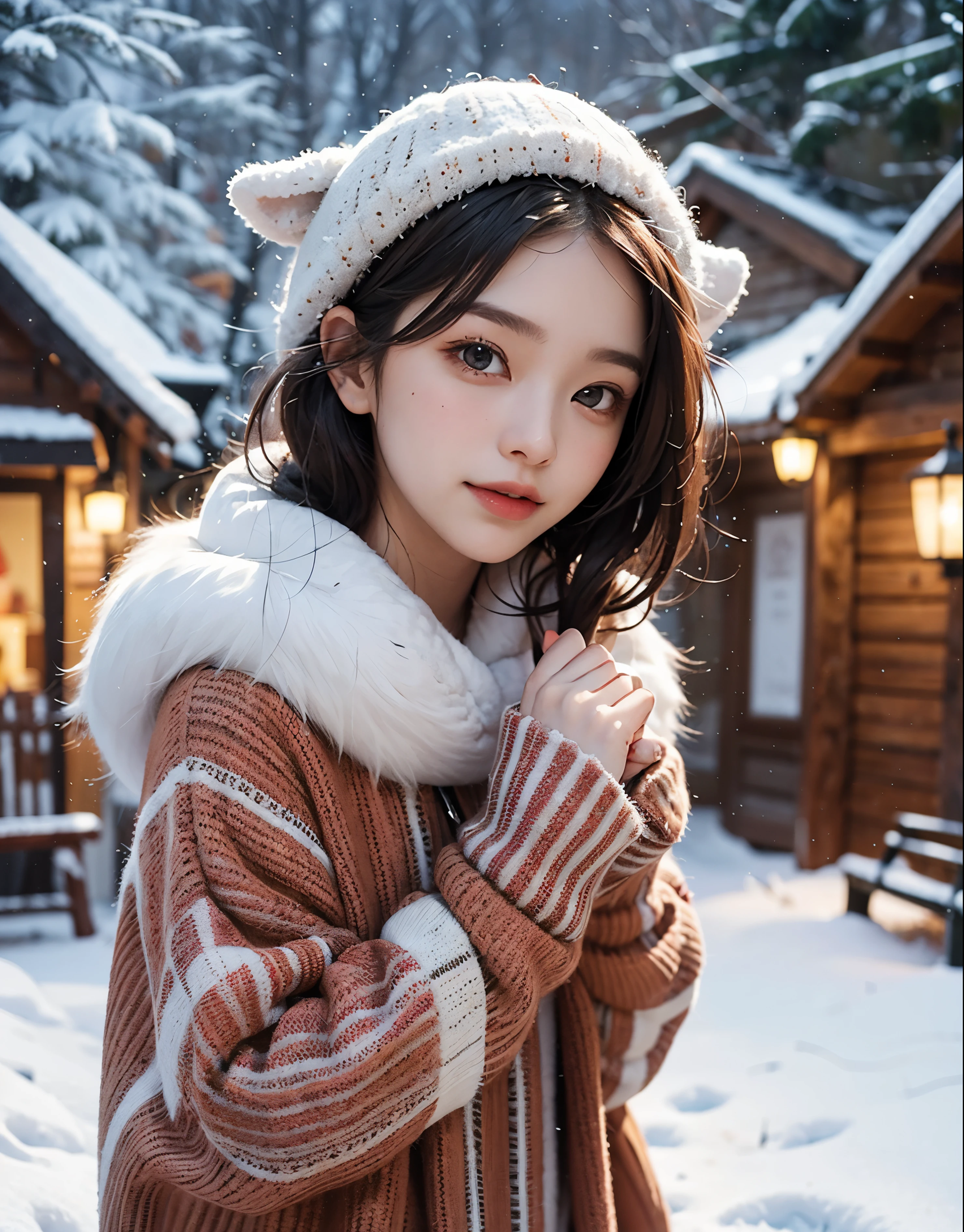 Winter scene、1 female、The snow continues to fall、i'I'm standing cold in front of his house.、A detailed face、detailed figure、8K、Pretty Woman、nighttime scene、Christmas Eve Night、Smiling、