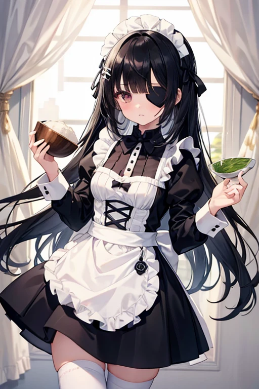 1girl, black eyes, maid costume, long hair, black hair, bowl cut hair, white tights, decoration in the hair, small white bows in the hair, no eye, one eye, eye patch, medium breasts