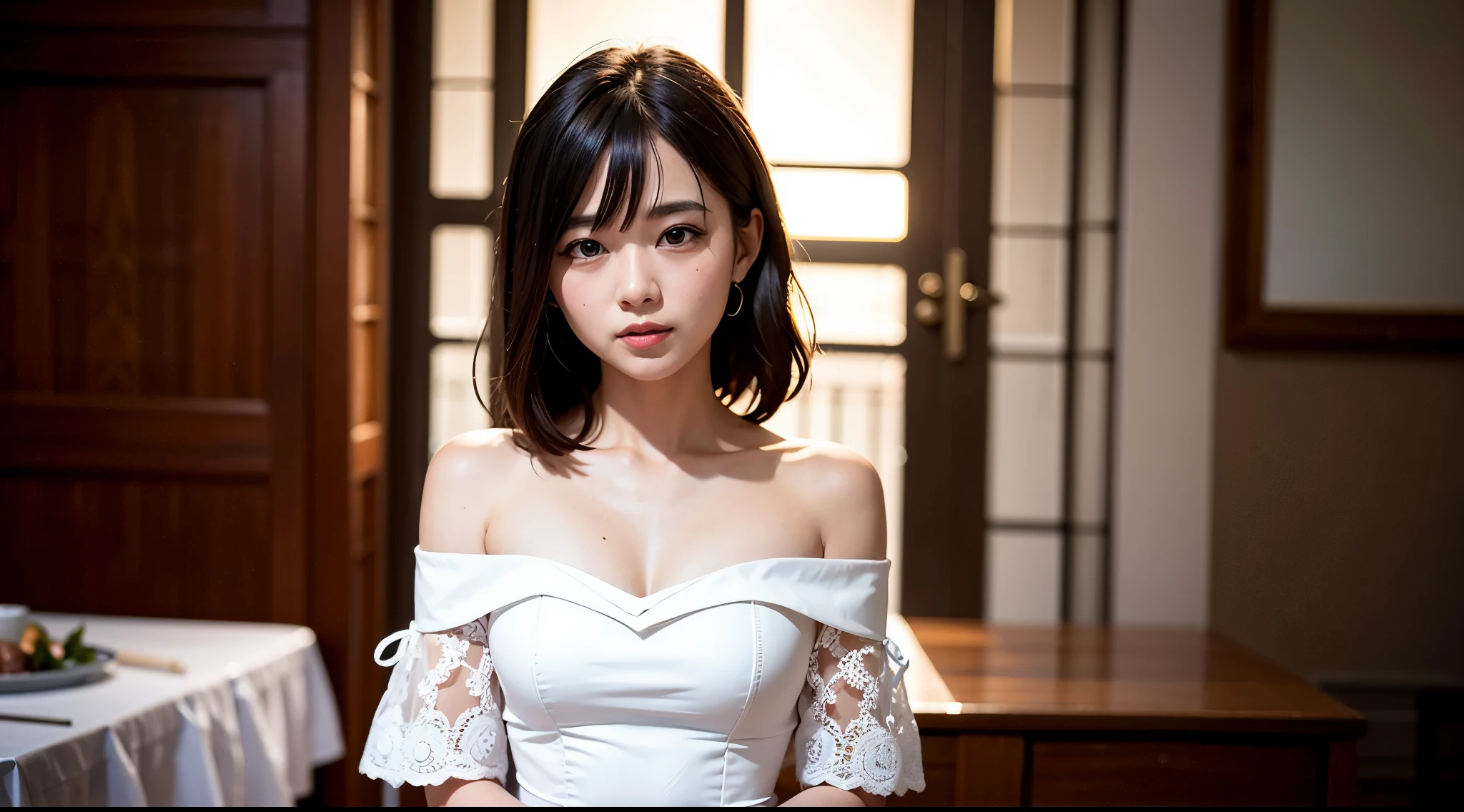 NSFW,(In 8K、highest quality、masterpiece、realistic、Super become familiar with、Photoreal), ((1 girls cute face:laughter:show teeth)、(beautiful and delicate eyes:double eyes),{{short hair}}, {{Bowl cut}}, {{straight hair}},{{Short bangs above the eyebrows,}},(lighting from below), , soft front light, beautiful expression, cute face,: short black hair and {{white Bra and panty}}, short brown hair and big eyes, black hair and big eyes, Stunning facial portrait, cute realistic portrait, , Realistic young woman, realistic face,, Realistic and beautiful big eyes, surreal ,{Sitting on a wooden chair:1.5}}