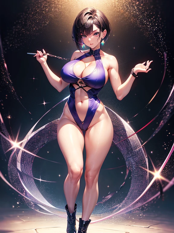 Short cut hair, high resolution, high quality, red glitter earrings, blue eyes, 8K, purple eye shadow, thin eyebrows, trained body, high quality, devilish costume, shining light, full body, beautiful legs, toned thighs , big breasts, anime character athlete