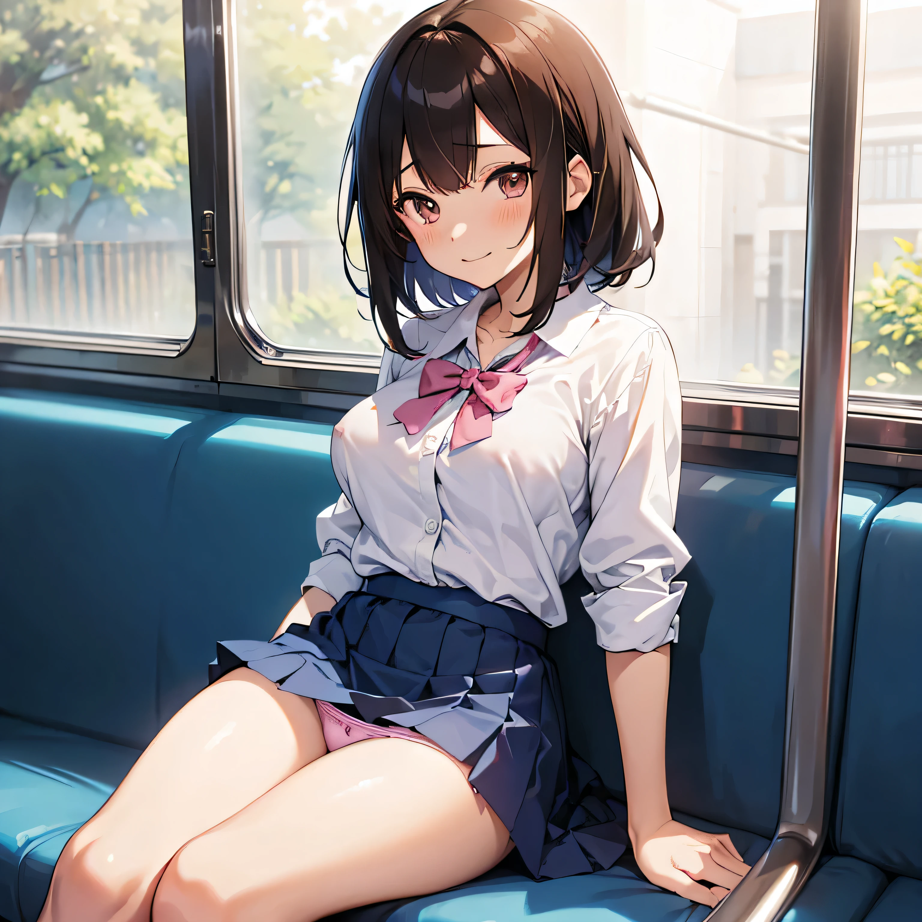 (((masutepiece, Highest Quality, Best Quality, 1girl in, Solo, Beautiful anime、Detailed picture)))、18year old、A slender、slightly larger breasts、skinny thigh、(dark brown hair、Longhaire、Brown-eyed、rounded eyes、Clear department、real face、),On the train、sitting on a hard blue seat、sheet parallel to the window、(whiteshirt、Dark blue skirt、)、erectile nipple、seductiv、Nasty smile、NSFW、((Show pink panties、cute panty、fluid from female genitals、))、masturbate、The crotch of my pants gets wet、Sit facing the front、Front view、Photo from the knee up、