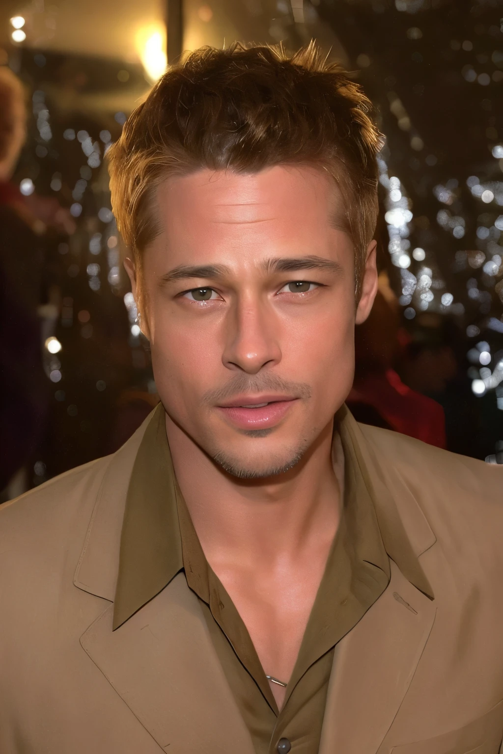 Arafed man in tan suit and brown shirt looking at camera, brad Pitt, portrait of brad Pitt, brad Pitt portrait, taken in the 2000s, taken in the late 2000s, Tyler Durden, brad Pitt is leon s. Kennedy, taken in the mid 2000s, Pitt