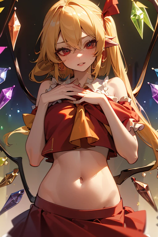 2heads, conjoined, 2girls, (2heads:1.5), (flandre scrarlet:1.4), masterpiece, best quality, red top, crop top, ((stomach)), midriff, ((groin)), blue skirt, normal ears, shackles, blonde hair, very long hair, wavy hair, sidelocks, blue eyes, parted lips, single horn, sweat, red horns, desk, toned belly, hand on own chest, eyelashes, (25 year old woman:1.4), (masterpiece:1.4), (best quality:1.4), (beautiful detailed eyes), extremely detailed CG, extremely delicate and beautiful, depth of field, (finely detailed face), (perfect details:1.0), (mature female:1.3), wide pelvis, slender, large veiny breasts, sweat, (highest quality, amazing details: 1.25),