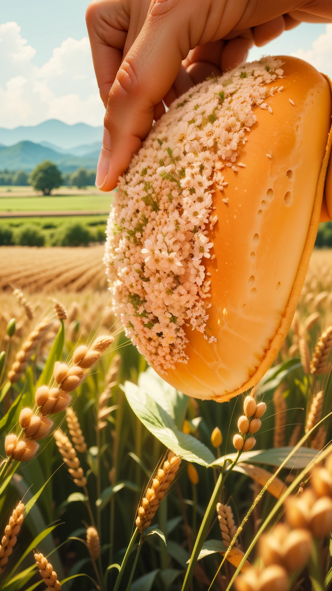 (wheat field),wheat,tmasterpiece,Best quality at best,wheat field,one hand holding bread,A large neat wheat field，Idyllic、wheat field ，Beautiful scenery，and the sun was shining brightly，​​clouds，sky sky，real photograph