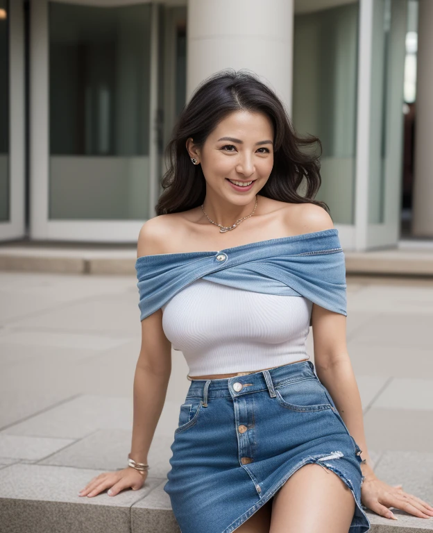 (Best Quality, hight resolution, Hires, Skin definition, Detailed skin, Detailed eyes, Detailed face, 4K, 日本人A MILF, ((独奏)), (((50 years old))), (Wrinkles at the corners of the eyes:1.6), (nasolabial folds:1.3), Very large breasts, A MILF, glamor, A sexy, Chromo-white skin, ((Wavy Longhair)), Looking at Viewer,(((my skin is old))), ((muscles are old)), Super large udder, ((Japanese Models)), 4K, 8K, (photoRealistic:1.5), Realistic, nffsw, Beautiful, Bimbo, Perfect makeup, small diamond necklace, piercings, ((Off-shoulder, denim skirt, tight skirts, high-heels, )), thick thighs, (Saggy buttocks), Curve, ssmile, Public places,