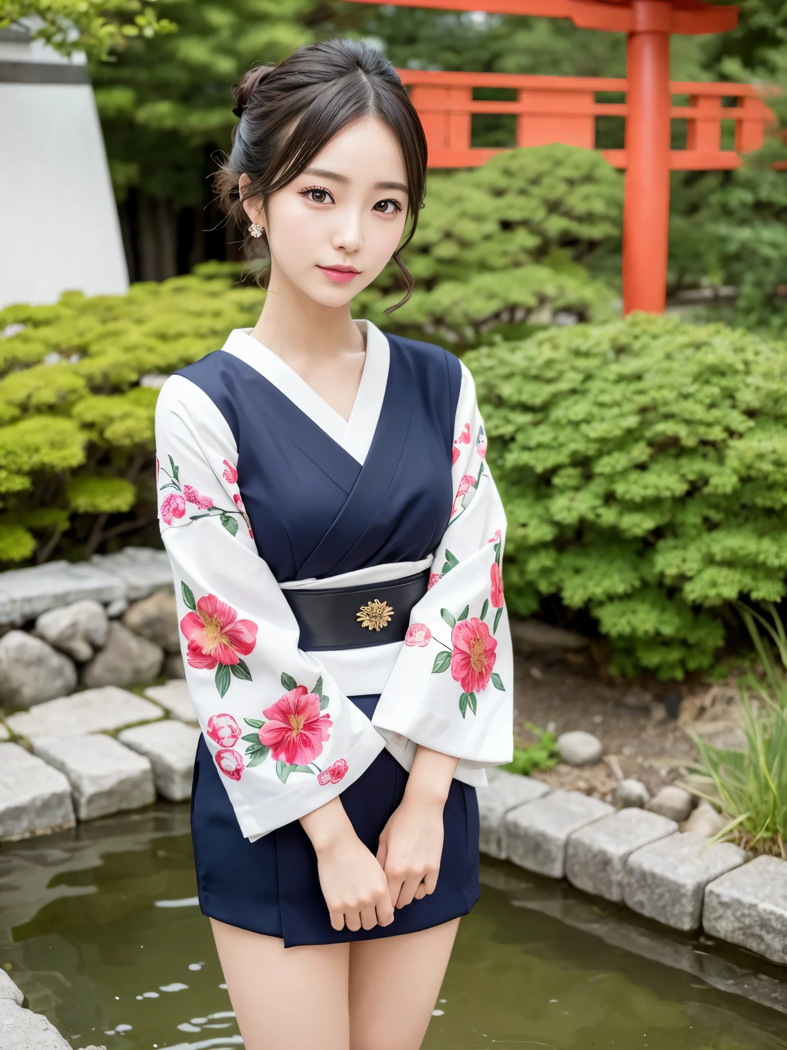 ((of the highest quality, 8K, masutepiece: 1.3, Raw photo)), Sharp Focus: 1.2, (1 AESPA Girl :1.1), Solo, (Realistic, Photorealistic: 1.37), (Face Focus: 1.1), Cute face, hyperdetailed face, (updo: 1.2), Small Smile, Japanese theme, flower pattern kimono, Washi background, standing at the Japan Garden, cinematic lighting, Beautiful Japanese makeup, A beautiful woman that symbolizes Japan culture, thigh,
