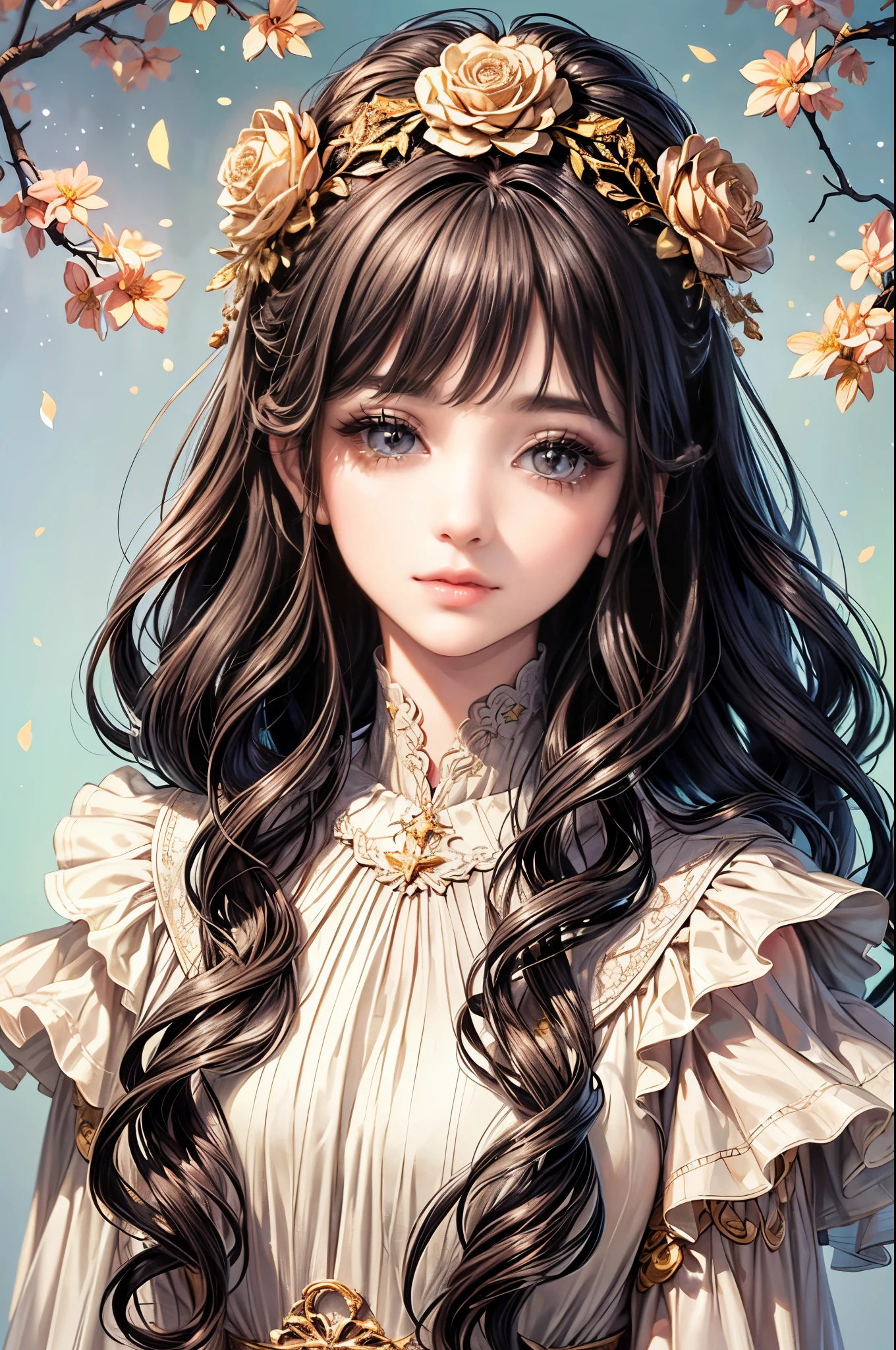 (best quality,8K,CG),detailed upper body,solitary girl,floral forest background,complex facial features,elegant long curly hair,almond-shaped big eyes,detailed eye makeup,long eyelashes,twinkling stars,exquisite lip details,soft and harmonious style.