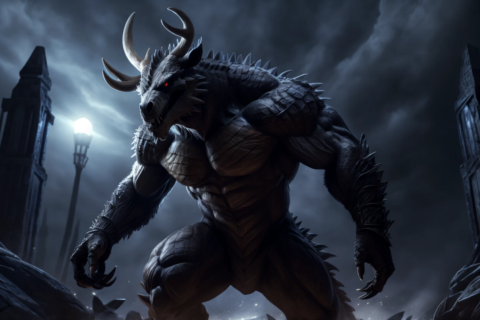 monster, furry body, scales on abs, majestic fur mantle, sharp dragon teeth, wendigo skull, elk horns, giant, bear body, threatening, stands menacingly, full body, raptor like legs, proporcional muscular arms, big reptile tail muscular, illustration, (best quality, 4k, highres, masterpiece:1.2), ultra-detailed, realistic, horror, sharp focus, vivid colors, nighttime lighting