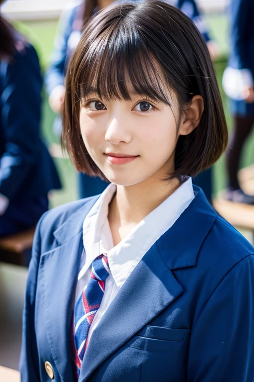 top-quality、​masterpiece、real 18 year old woman、(a smile)、(The background is the classroom）、Light blue blazer、Semi-long with black hair、hight resolution、