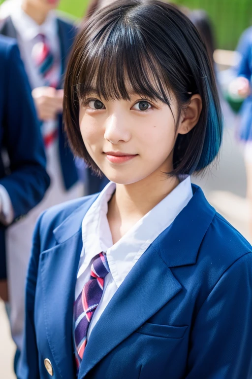 top-quality、​masterpiece、real 18 year old woman、(a smile)、(The background is the classroom）、Light blue blazer、Semi-long with black hair、hight resolution、