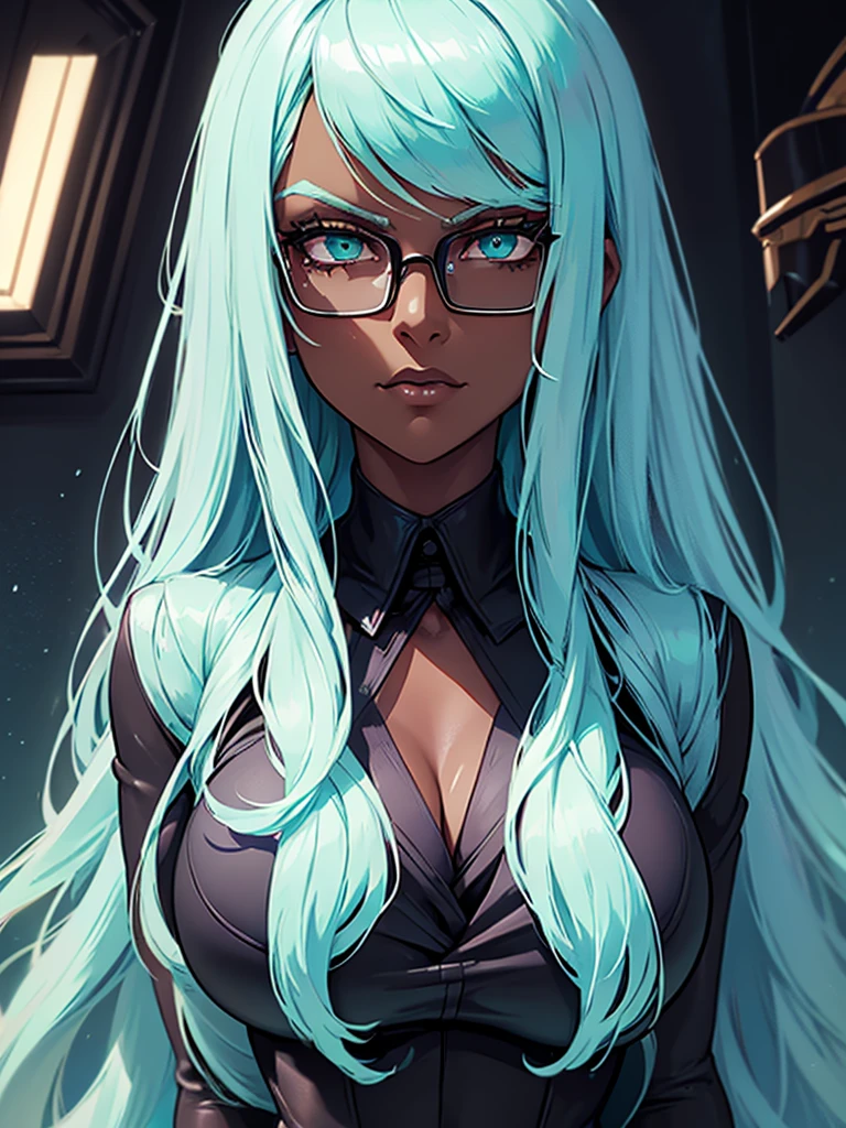 ((Best Quality)), ((Masterpiece)), (Detail: 1.4), Intricate details, Cinematic lighting, Sharp focus, Detailed face, Business woman with light blue hair, Green eyes, Futuristic glasses, (Dark skin:1.4), (Black business outfit:1.5), Tall woman, Futuristic office room,