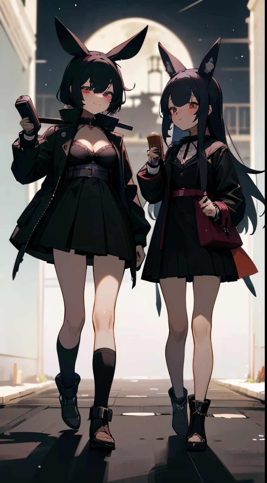 Anime style, better quality possible, they are friends, 3 young japan women, gothic style, eating pizza and drinking soda at night, heavy metal gothic costume, they use black bra, black jaket, black boots,  and skirt black, they are walking in streets, smile, talking, rabbit earsadd moon and owl