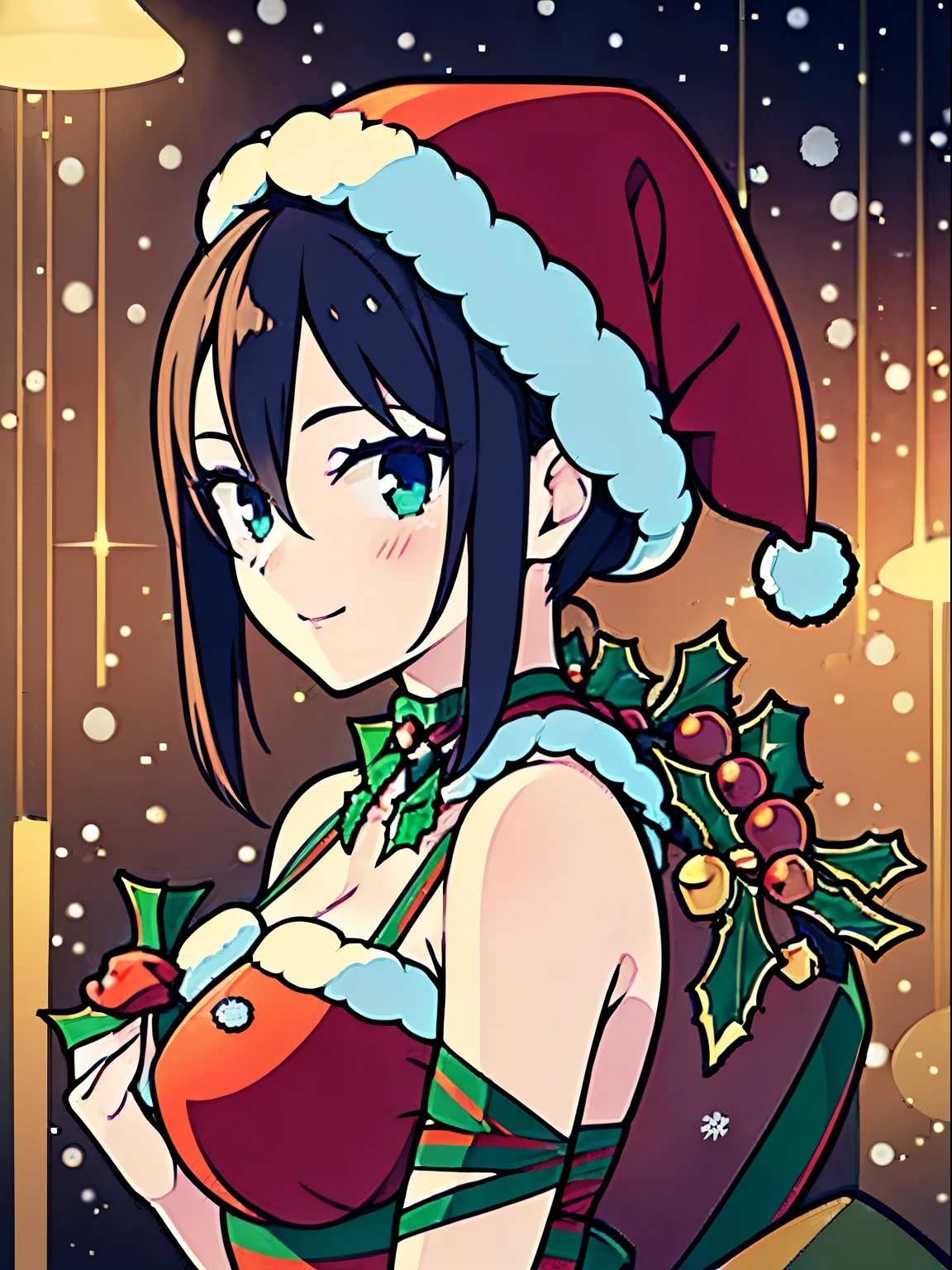 (((In sticker style for Christmas events))), (((SFW))), 8K, ((masutepiece)),(((top-quality))),((Ultra-detailed)),((((Realistic)))), Photorealsitic:1.37, (A hyper-realistic), (illustratio), (hight resolution), (ighly detailed), (The best illustrations), (Ultra-detailed細), (wall-), (详细的脸), (Beautiful expression), ((詳細 top-qualityのスキン:1.2)), ((Reddish blush)), (Ultra-detailed細な背景, Detailed background), (Beautiful and aesthetic: 1.2), Extremely detailed, (((A scene where the girl herself becomes a Christmas present:1.5))), ((Affectionate smile)), There is a woman standing with a furoshiki wrapped around her bare skin., (((Christmas colored furoshiki))), ((Wrapping tape wrapped around a girl&#39;s body)), ((Christmas-colored wrapping ribbons are attached around the girl&#39;s head, neck, and waist.))