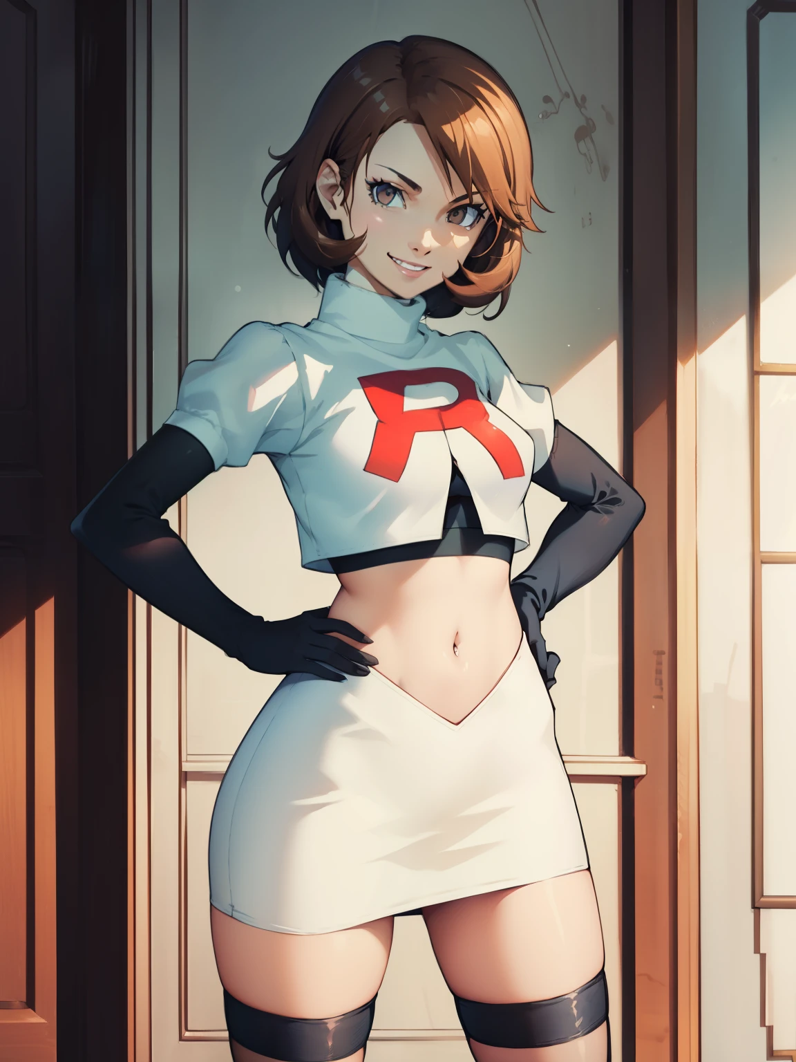 brown hair, short hair, glossy lips ,team rocket uniform, red letter R, white skirt,white crop top,black thigh-high boots, black elbow gloves, evil smile, looking at viewer, cowboy shot, hands on hips