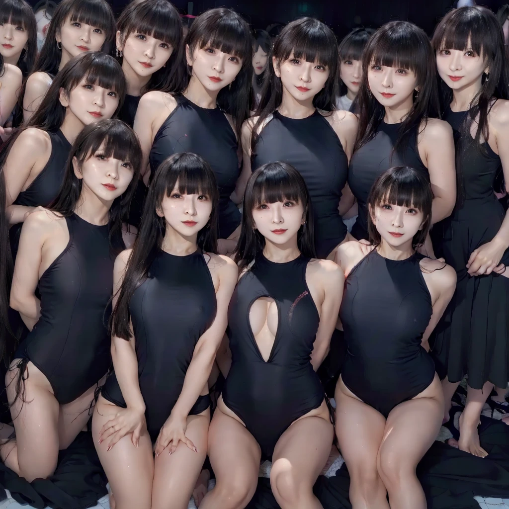 Raw photo、(((multiple Girls))),((((6+Girls)))),((((100 Girls)))),((((1000 Girls)))),(((crowd shot))),Women only、((They all look the same))、((Matching black school swimsuit))、、Long Black Hair、japanes、100 cute high school girls in swimsuits、A smile、selfee、same person、High school students