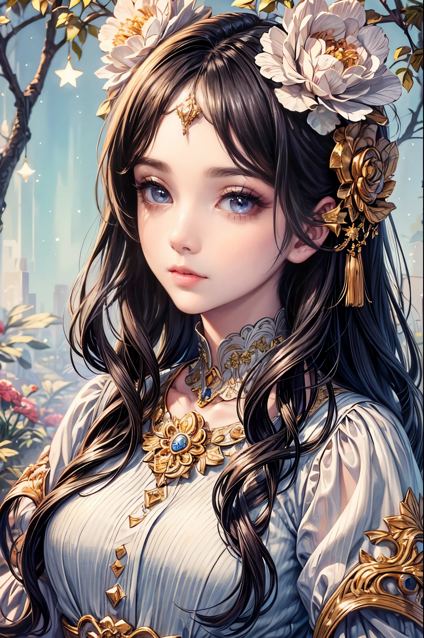 (best quality,8K,CG),detailed upper body,solitary girl,floral forest background,complex facial features,elegant long curly hair,almond-shaped big eyes,detailed eye makeup,long eyelashes,twinkling stars,exquisite lip details,soft and harmonious style.