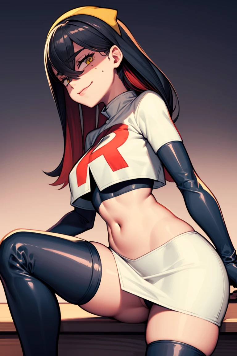 pokemoncarmine, mole under eye, glossy lips ,team rocket uniform, red letter R, white skirt,white crop top,black thigh-high boots, black elbow gloves, evil smile, looking at viewer, cowboy shot