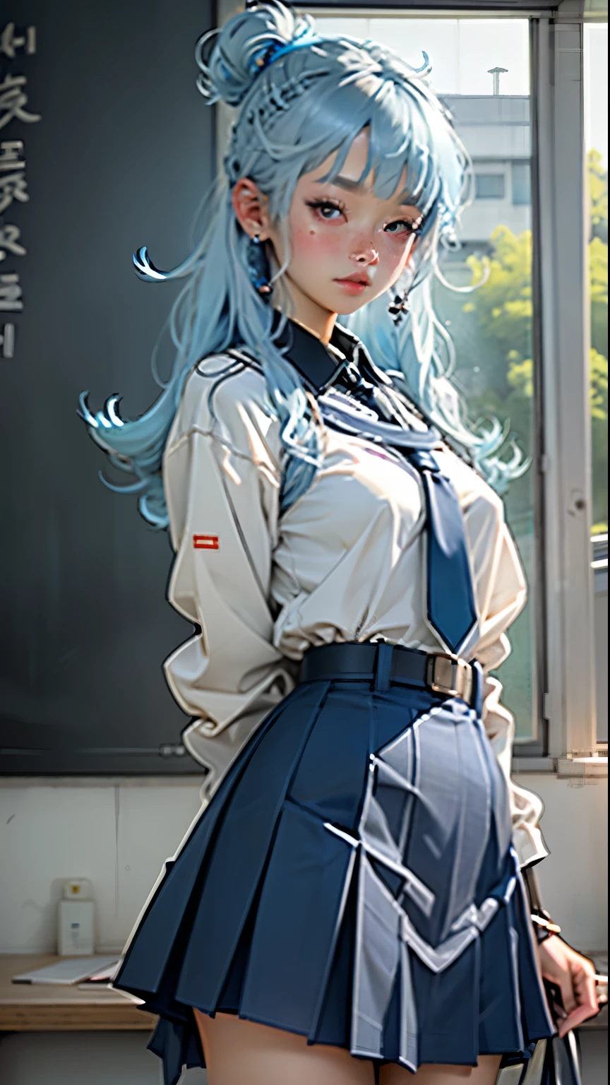 Best Quality,The ultra-Highres,1Girl,Solo,s whole body,Ojo,daoshi,, Blue hair,초록색 Ojo,BAPV,school uniformss,
