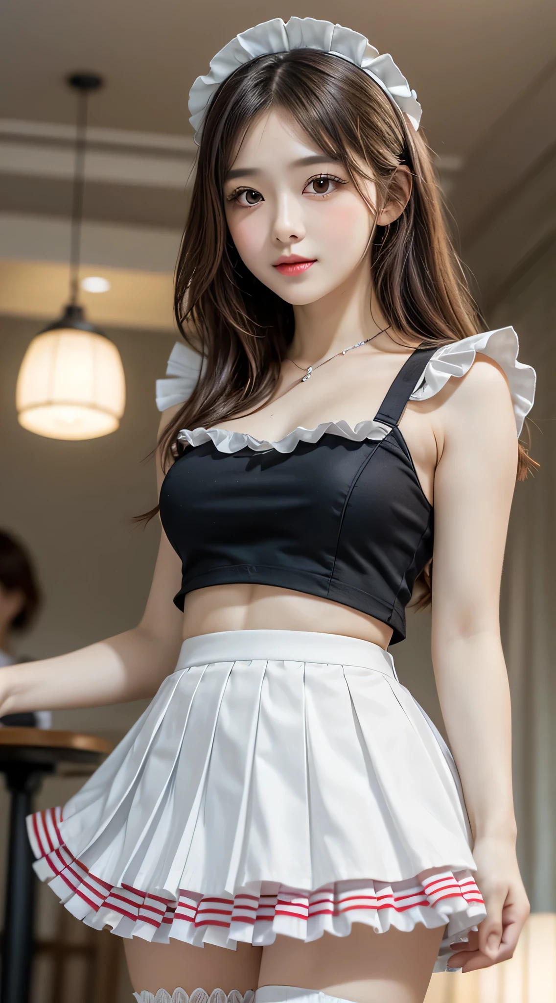 (ung girlrown hair, Amazing face and eyes, Pink eyes, seducting smile, (Maid café costume with frills, Pleated mini-skirt:1.5), (Wide open maid cafe costume:1.2), bared  chest, (amazingly beautiful girl), Brown hair, Stylish hair ornamen Quality:1.4), (Ultra-detailed), (extremely detailed CG unified 8k wallpaper), Highly detailed, High-definition raw color photos, Professional Photography, depth of fields, (View from below),