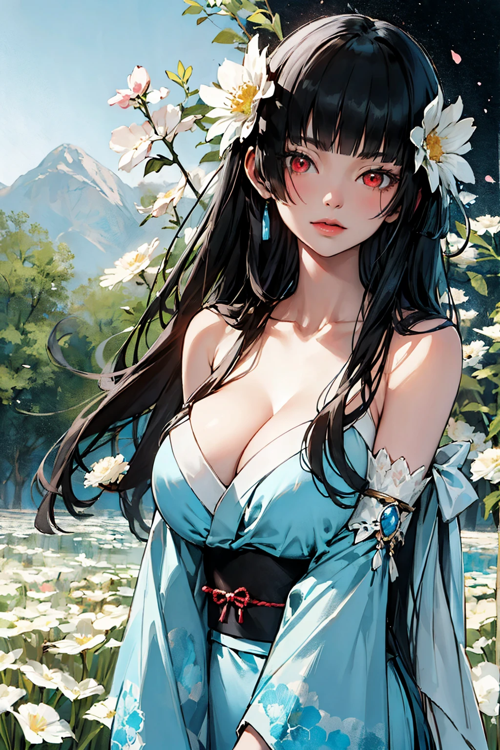 (absurd res, A high resolution, ultra - detailed, hyper HD, Cinematic), Alone, 1个Giant Breast Girl, mature, Happy,hime cut,black long hair,red eyes, (huge breasts:1.5),cleavage, collarbone, bare shoulders,armbandlack floral pattern kimono),girl standing in light blues flower field, light blues flower petal surrounding girl, full bodyesbian, Blue long-haired girl, light blues hair, fanciful, dream-like, Snowy Land, offcial art, trending art, contours, ultra - detailed face, ultra - detailed eyes, light blues flower field, ultra - detailed field, The white blue sky, Cold, light blues, The white, Nebula in the sky, blue tree, aquarelle, pastel colour