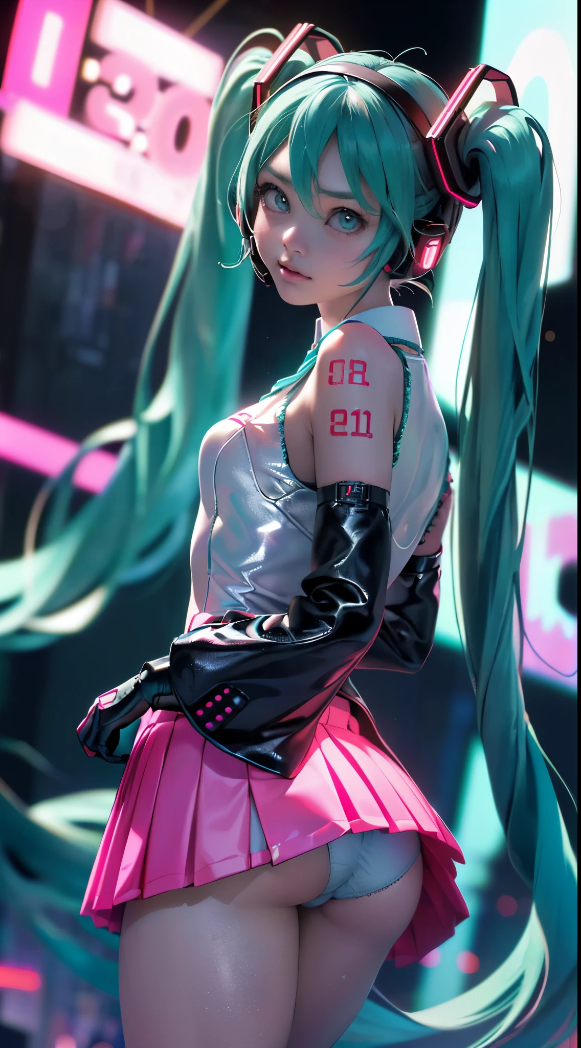 highest qualityr))、((obra maestra)、mirai, cyberpunked、large buttockss、arrodillarse、Electronic visor attached to the face of a -yeld giwith emphasis on the buttocks、(miniskirt mostrando panties White:1.4) ,mirai Red latex body,Moda cyberpunk、Pose sexy、(Usar polainas amarillas en la parte inferior del cuerpo、Agrandamiento de los senos、(fondo Neon lights in the dark city at night:1.4),motor irreal:1.4,UHD,La mejor calidad:1.4, fotorrealista:1.4, textura de la piel:1.4, obra maestra:1.8,obra-prima, mejor calidad,(Beautiful and detailed eye description),( neon pink ciborg),(Perfect anatomy),(convexo ,Dedos detallados),ciborg mirai bodysuit white,(mirai:1.4),