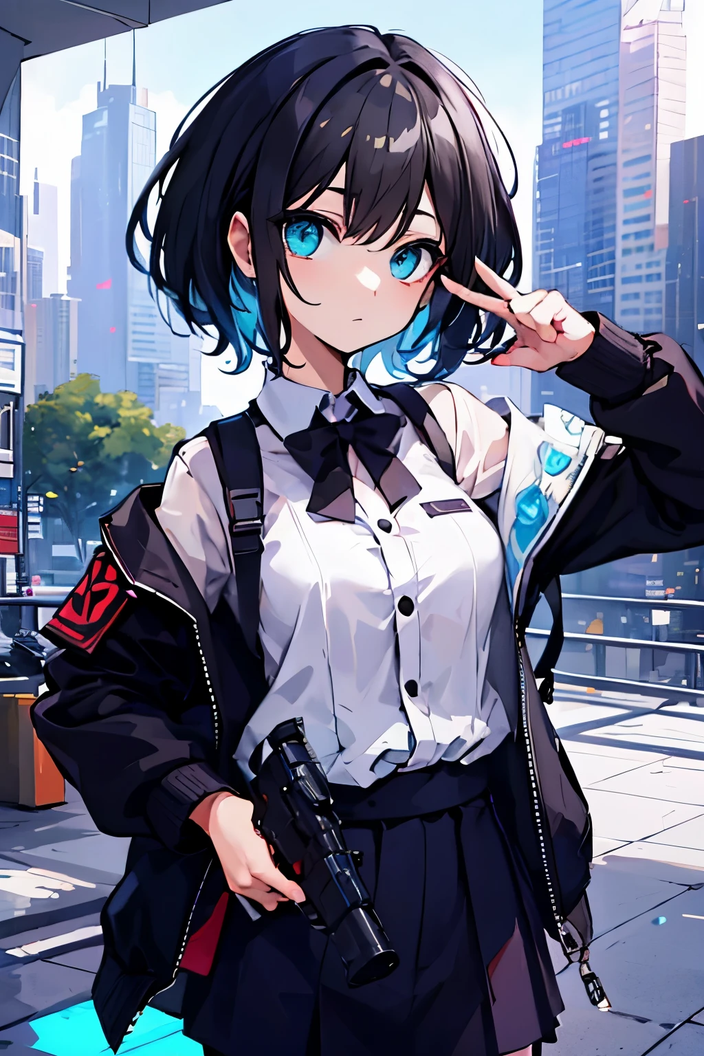 (masutepiece:1.2, Best Quality, Top Quality, Lens Flare, Depth of Field,), (Close Up: 1.3), (Wide Shot, Fisheye: 0.85), Face Focus, [1 girl in, expressioness, (Turquoise eyes:1.3),jet-black hair, Half shorthair,White jacket,Take off your jacket, Blouse with Open Chest, breast, ] , (Holding a Weapon, Holding a pistol:1.2), firing, city, street, skyscraper,