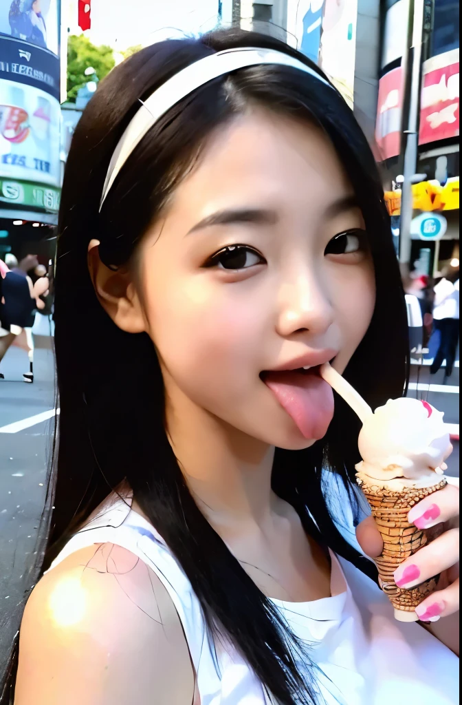 (A hyper-realistic), (hight resolution), (8K), (ighly detailed), (top-quality), (ultra-detailliert), (masterpiece), (At the intersection of Shibuya)、A smile,独奏,(Girl in white dress), (very large breast), (put out the tongue), (holding ice cream in hand)、