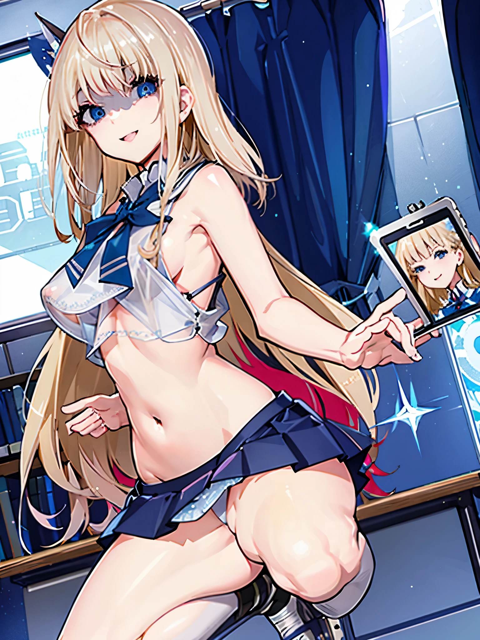 top-quality、realistic touch,high-detail、photoRealstic、thin-waist、captive beauty、big eye、solid platinum-blonde eyelashes、platinum-blonde、full body Esbian、Sparkling eyes、Submissive smile、Flushed cheeks、Kamimei、thin-waist、Voluptuous thighs、Enraptured look、In the classroom of the school、Navel look、She is in estrus、a sailor suit、cocky expression、Colossal tits、Super short skirt with V-line visible、Camera angle from below、Big breasts visible between uniform and stomach、Sleeveless、Squat with open legs、