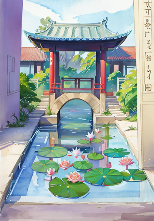 Painting of a pond with water lilies and pagoda in the background, Lotus pond, 宝塔的digitial painting, chinese watercolor style, 水彩digitial painting, inspired by Xie Shichen, Japanese painting, studio ghibli painterly style, digital watercolor painting, digitial painting, drawn in anime painter studio, water lily pond, water temple, digital watercolor，Delicate architectural patterns