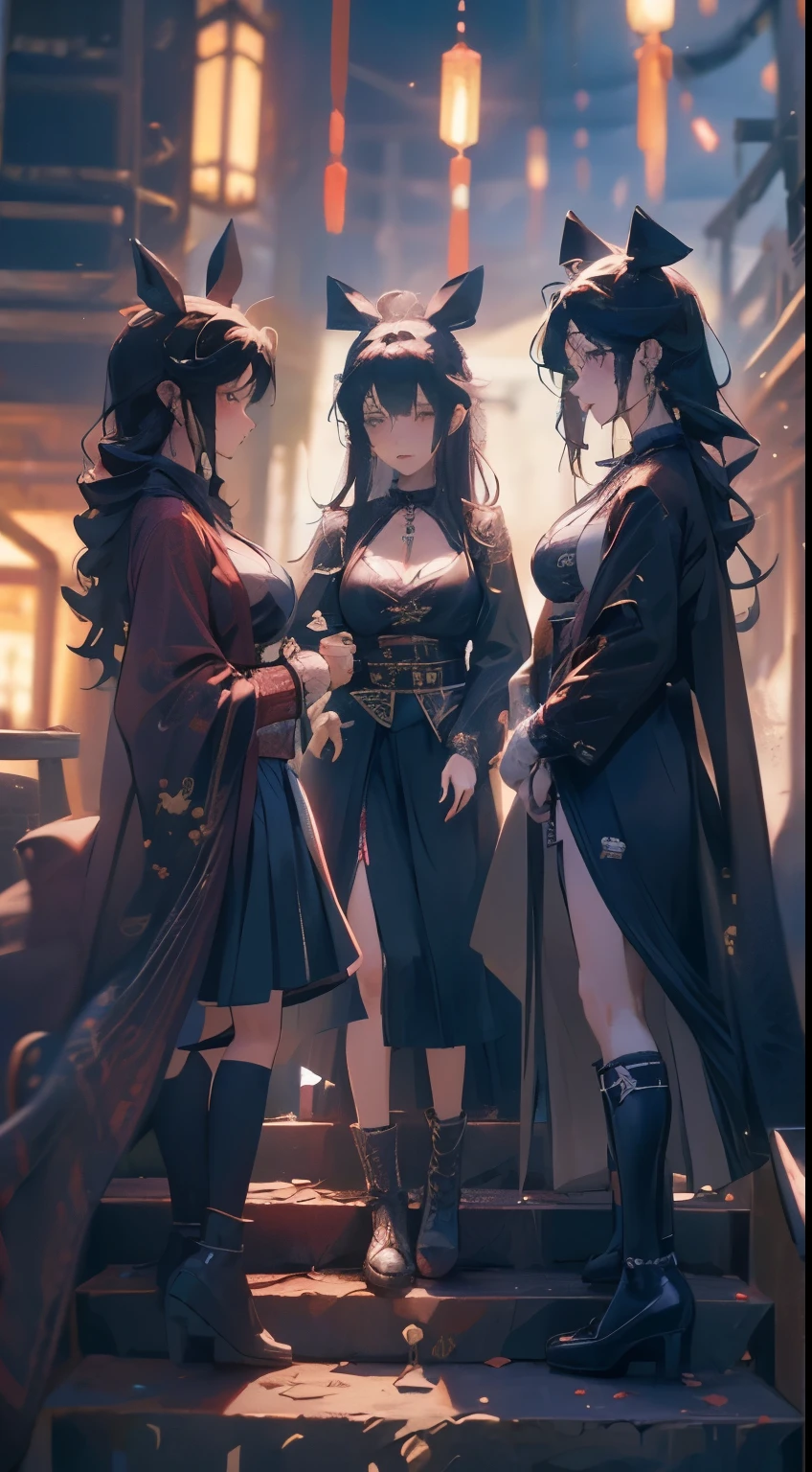 Anime style, better quality possible, they are friends, 3 young japan women, gothic style, eating pizza and drinking soda at night, heavy metal gothic costume, they use black bra, black jaket, black boots,  and skirt black, they are walking in streets, smile, talking, rabbit earsadd moon and owl