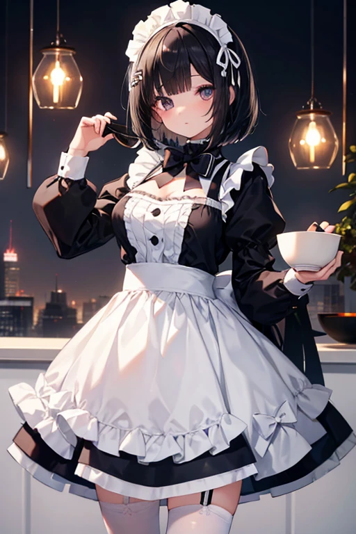 1girl, black eyes, maid costume, long hair, black hair, bowl cut hair, white tights, decoration in the hair, small white bows in the hair, no eye, one eye, eye patch, (large breasts)