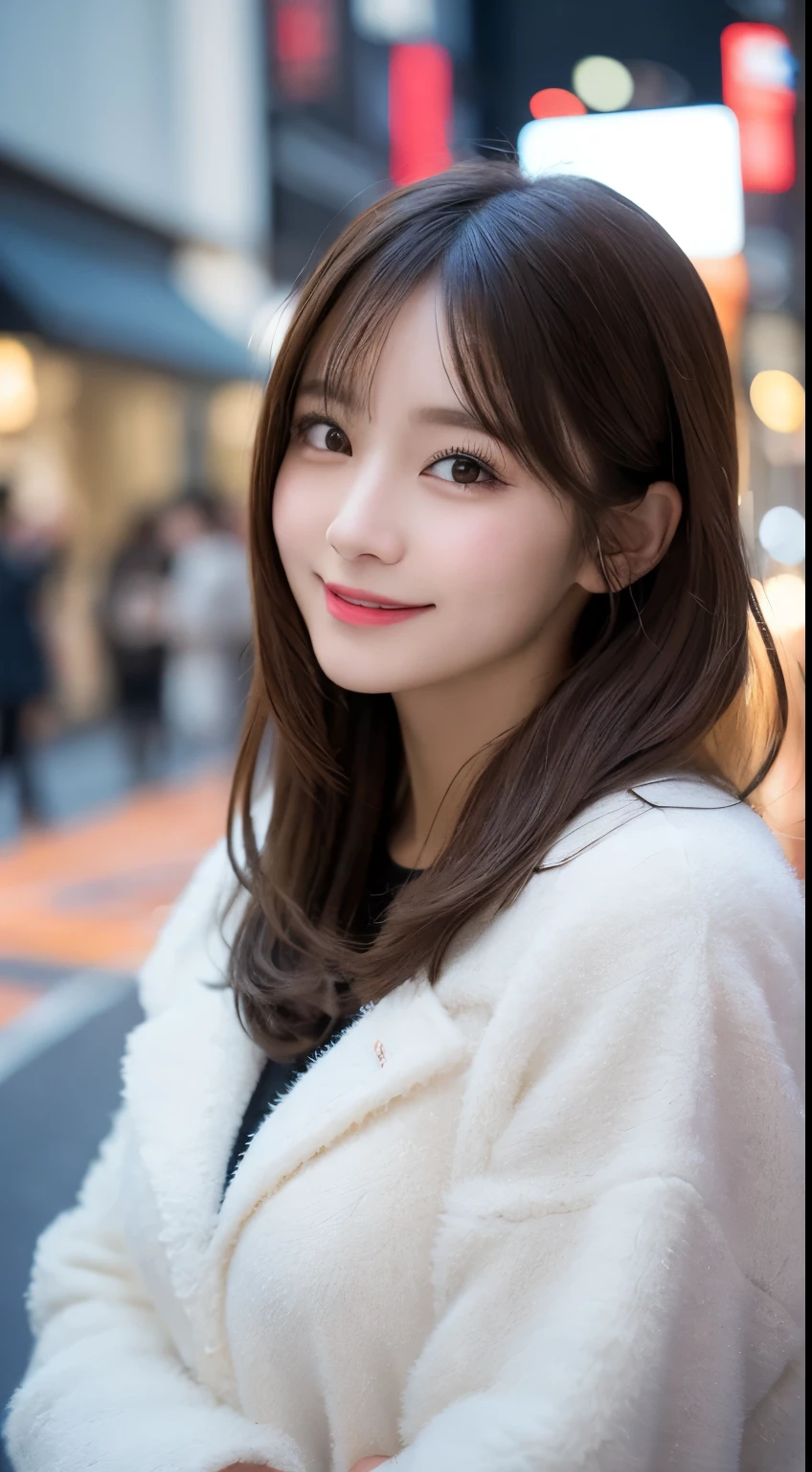 masutepiece, Best Quality, Illustration, Ultra-detailed, finely detail, hight resolution, 8K Wallpaper, Perfect dynamic composition, Beautiful detailed eyes, Women&#39;s fashion fluffy winter clothes,Medium Hair,Small breasts natural color lip, Bold sexy poses,Smile,Harajuku、20 years girl、Cute、Sexy shot looking at camera