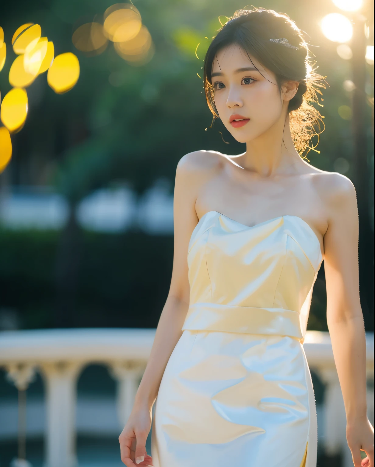(sweat:0.7),Light yellow wedding dress,white short skirt,woman,vietnamese ,exquisite face, beautiful face,bare shoulders,shoulders slightly exposed,translucent skin,black eyes,black hair,(photorealistic:1.4),realistic details, high resolution,bokeh,outstanding details
