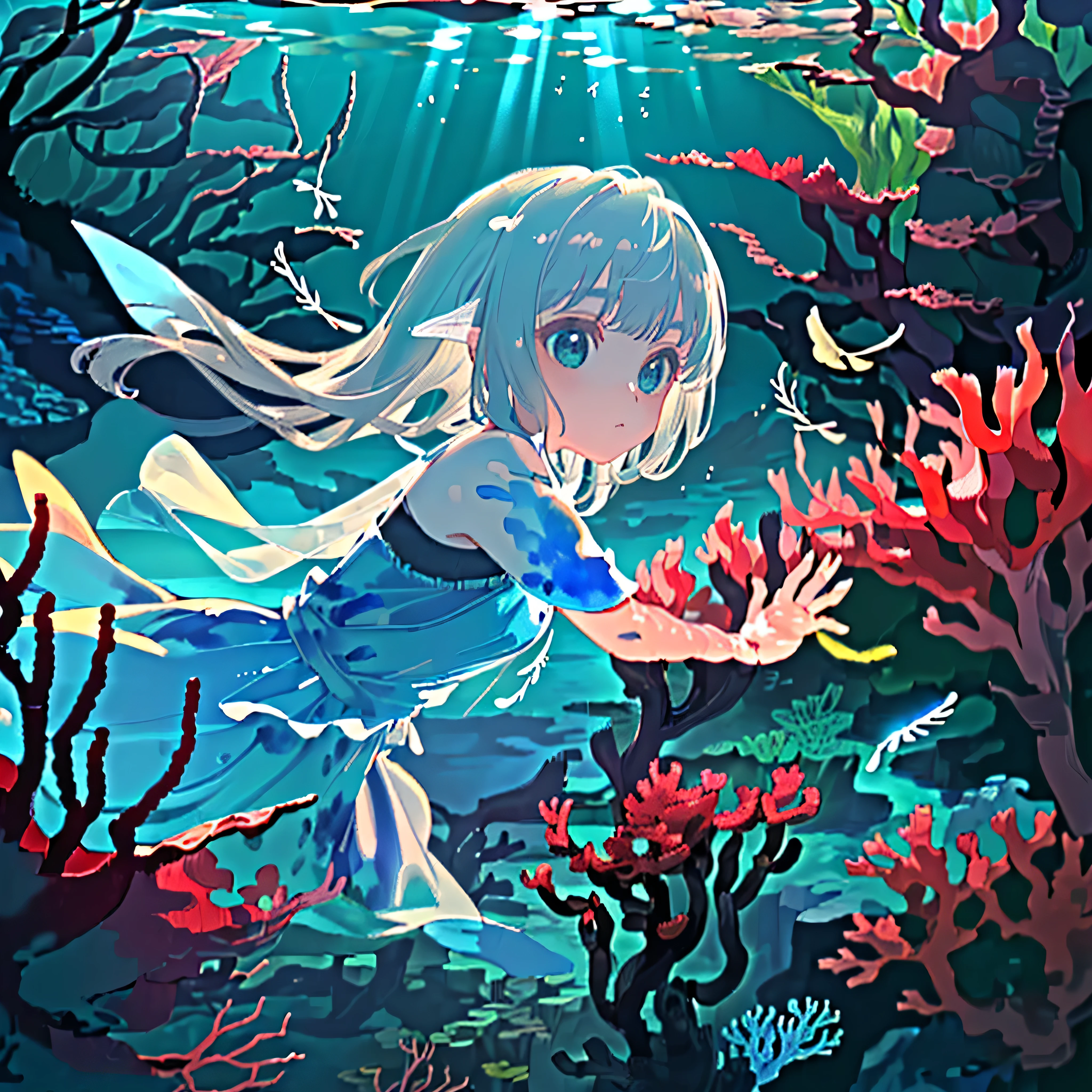 (((masterpiece))),(((best quality))),((ultra-detailed)),((underwater)),(illustration),(beautiful detailed water),((coral)),open tuck,((extremely delicate and beautiful girls)),dynamic angle,floating,(beautiful detailed eyes),(detailed light),(),floating hair,glowing eyes,(splash),underwater),((fishelack hair,green right eye,iceblue left eye,very long white dress,feather,nature,(sunlight),(underwater forest),(painting),(bloom),(detailed glow),(drenched),seaweed,fish,(((Tyndall effect))),face to face --s 1000 --c 20 --q 20