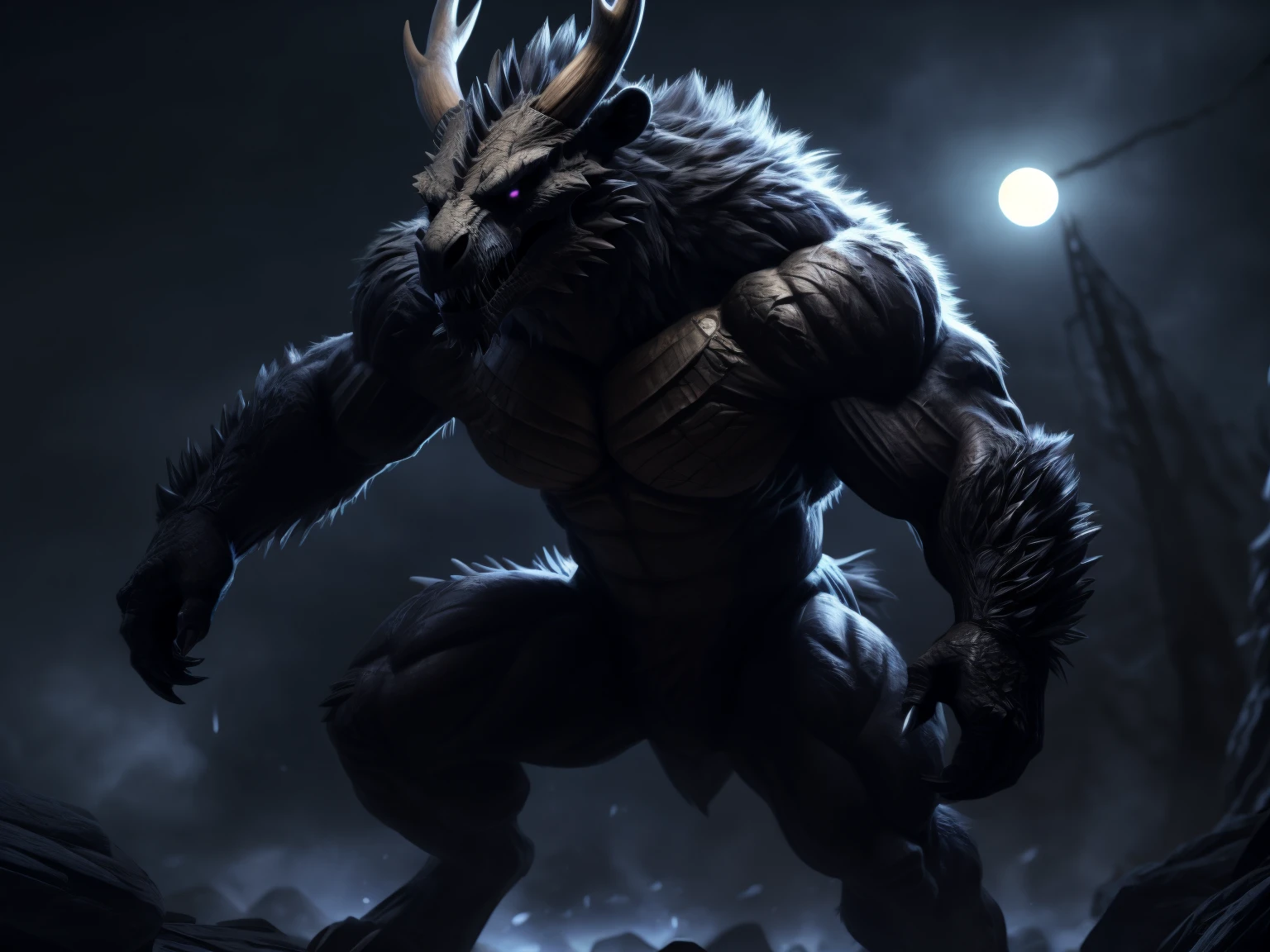 monster, furry body, scales on abs, majestic fur mantle, sharp dragon teeth, wendigo skull, elk horns, giant, bear body, threatening, stands menacingly, full body, raptor like legs, proporcional muscular arms, big reptile tail muscular, illustration, (best quality, 4k, highres, masterpiece:1.2), ultra-detailed, realistic, horror, sharp focus, vivid colors, nighttime lighting